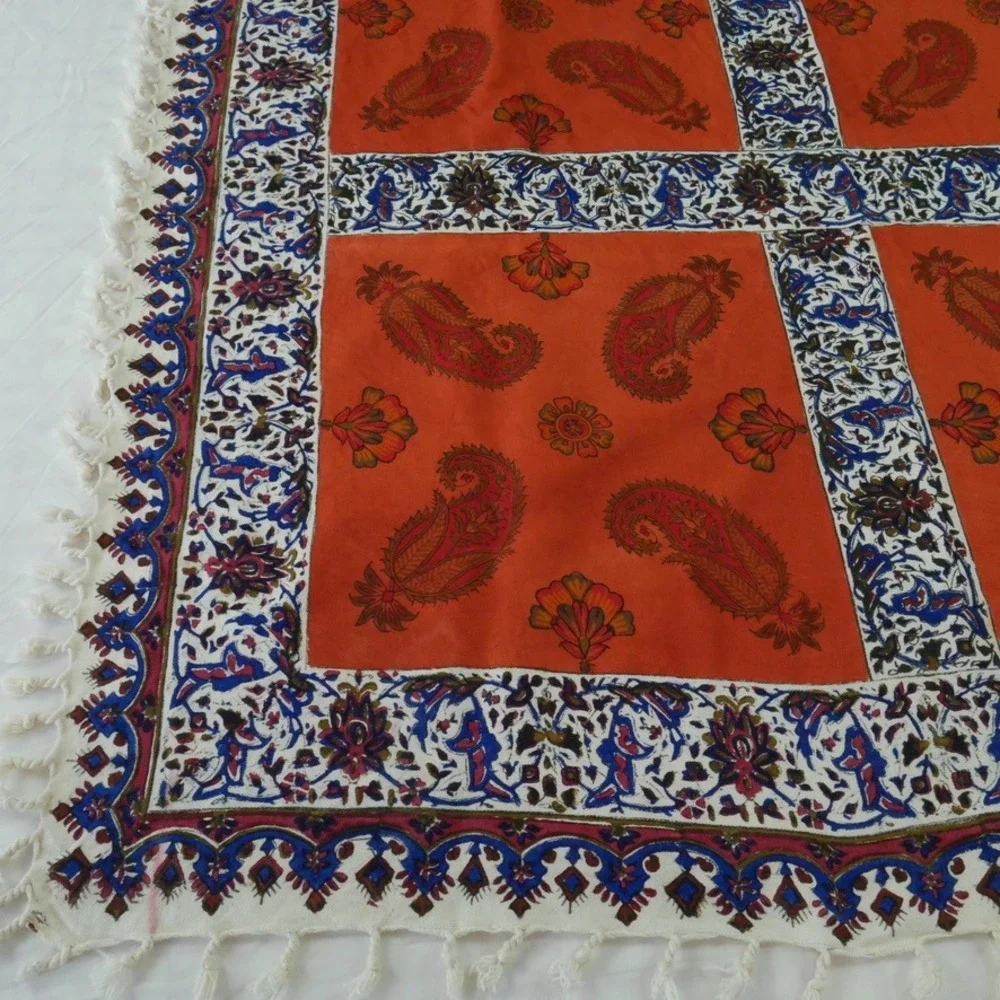 Vintage Hand Block Print Cotton Tablecloth Orange Paisley Fringe Boho 37